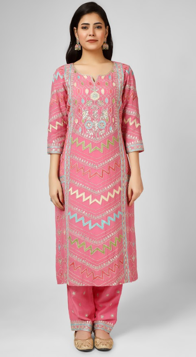 Pink Embroidered Georgette Kurta Suit Set