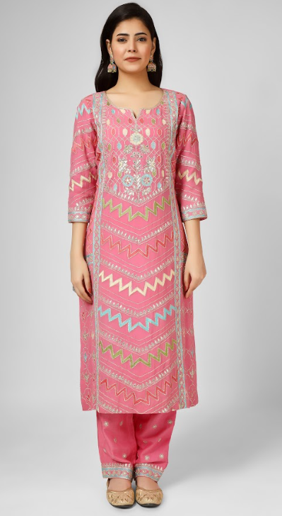 Pink Embroidered Georgette Kurta Set