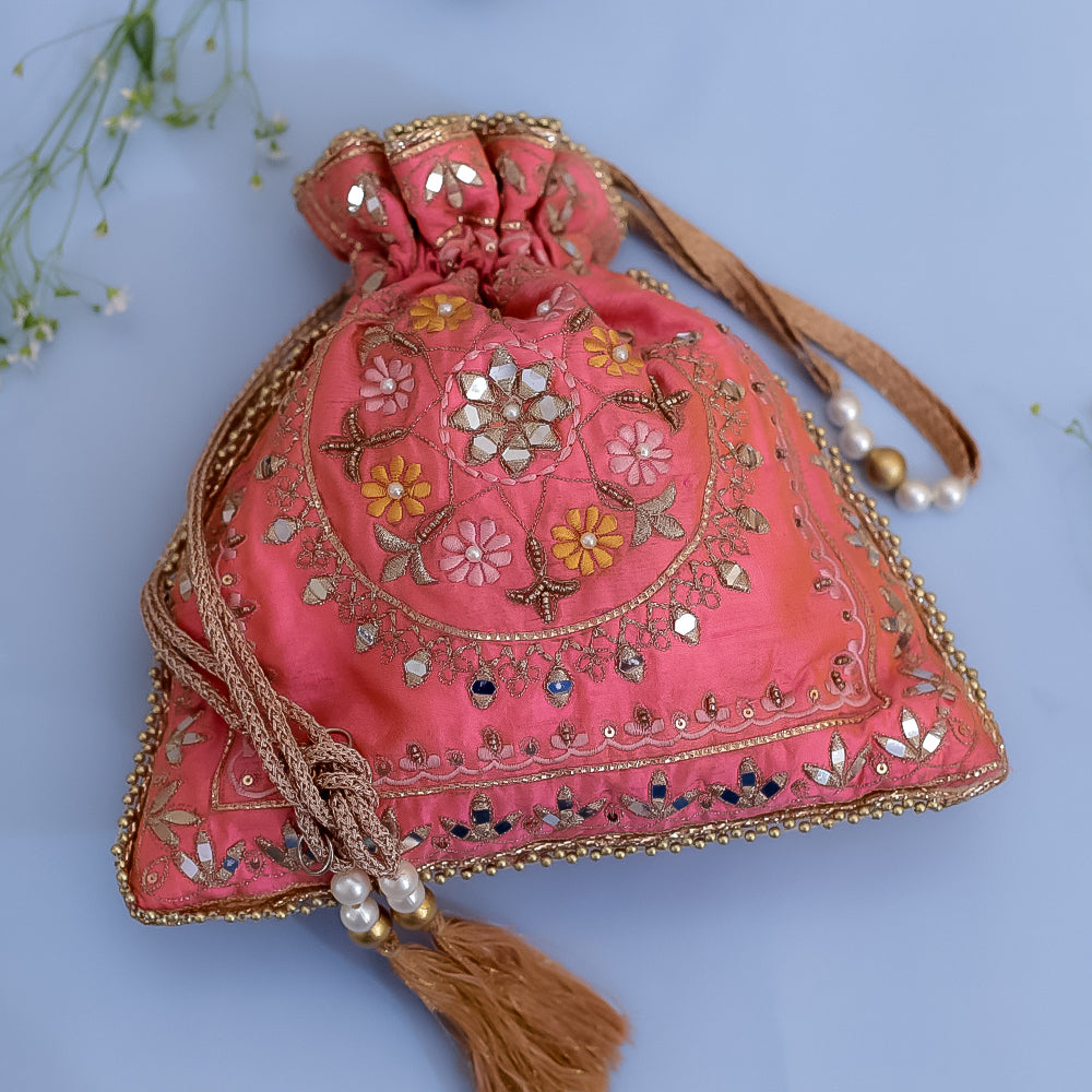 Pink Raw Silk Embroidered Potli Bag