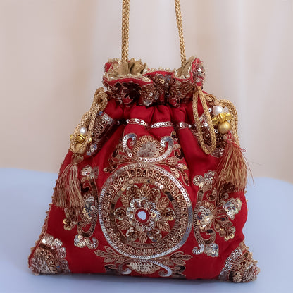 Red Raw Silk Embroidered Potli Bag