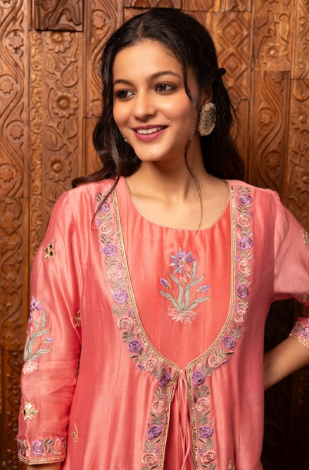 Pink Embroidered Silk Chanderi Kalidar Set