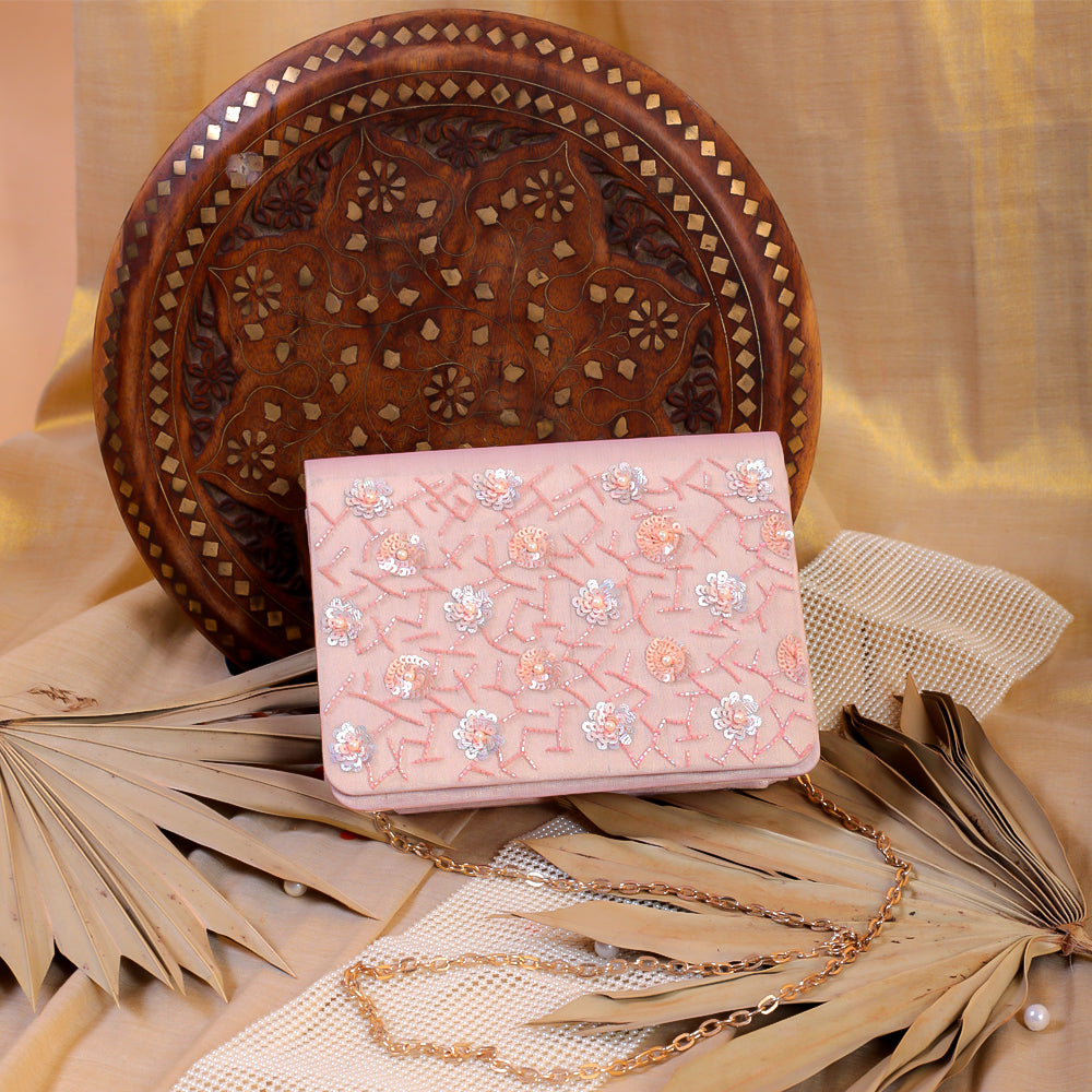 Pink Silk Tissue Hand Embroidery Clutch