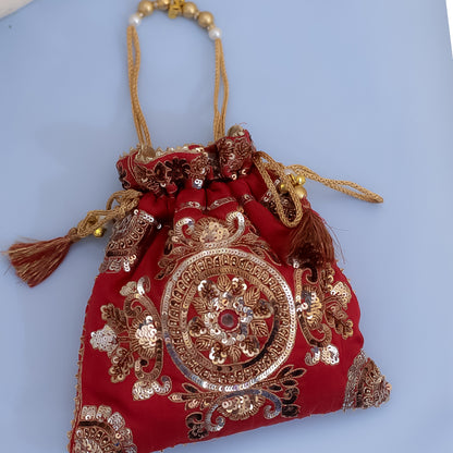 Red Raw Silk Embroidered Potli Bag