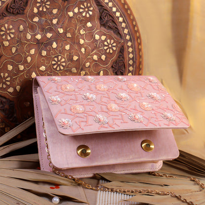 Pink Silk Tissue Hand Embroidery Clutch