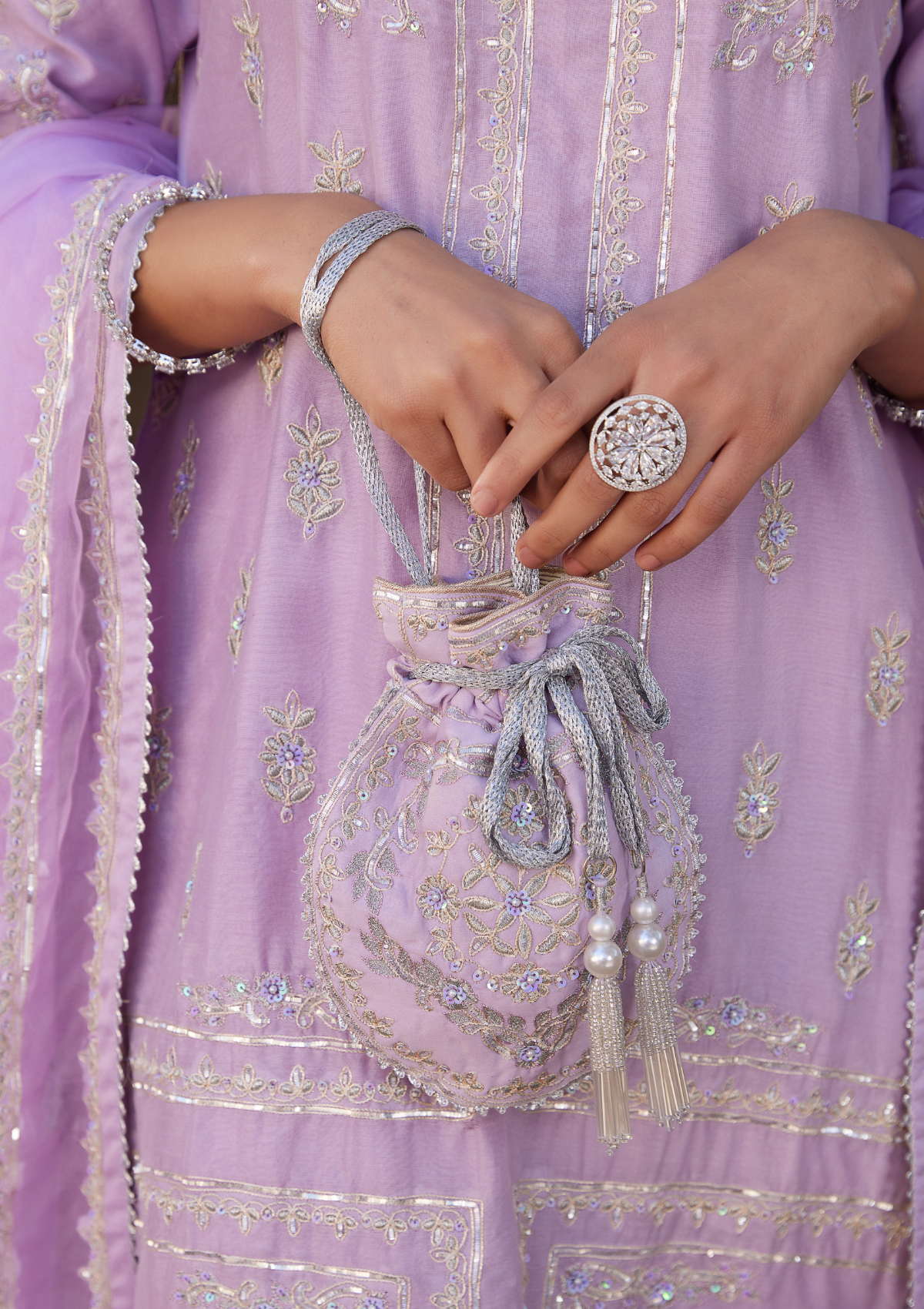 Mauve Embroidered Chanderi Kurta Set  With Matching Potli Bag