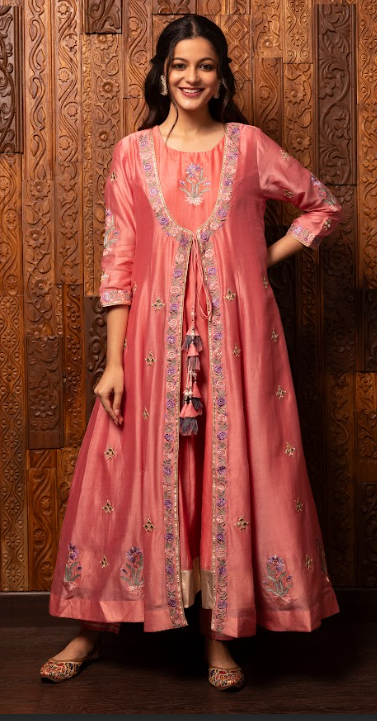 Pink Embroidered Silk Chanderi Kalidar Set