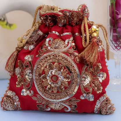 Red Raw Silk Embroidered Potli Bag