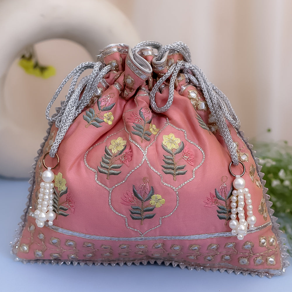 Pink Raw Silk Embroidered Potli Bag