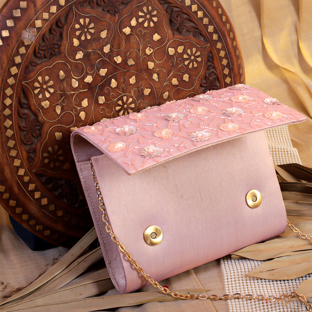 Pink Silk Tissue Hand Embroidery Clutch