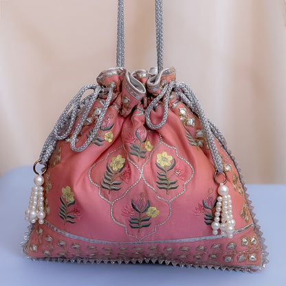 Pink Raw Silk Embroidered Potli Bag