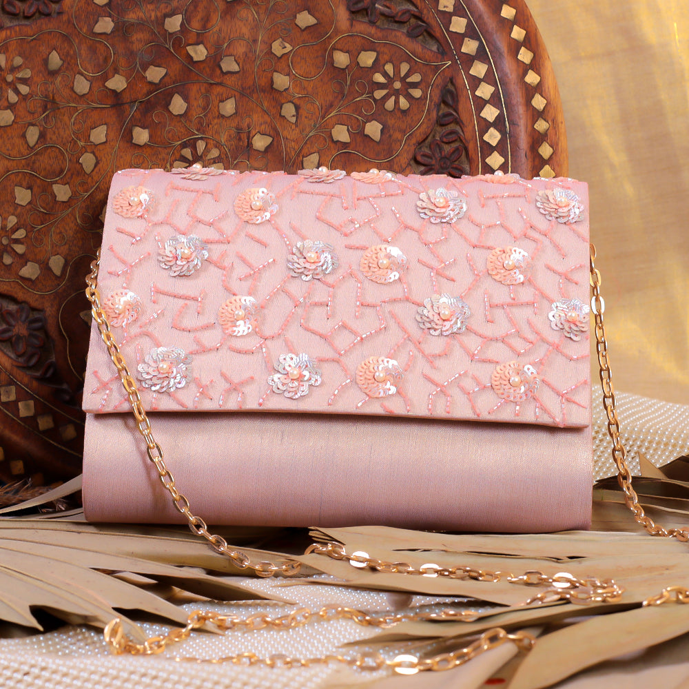 Pink Silk Tissue Hand Embroidery Clutch