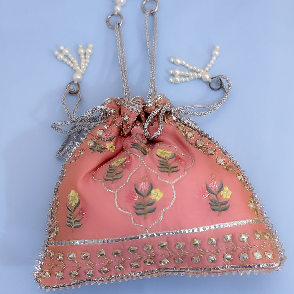 Pink Raw Silk Embroidered Potli Bag