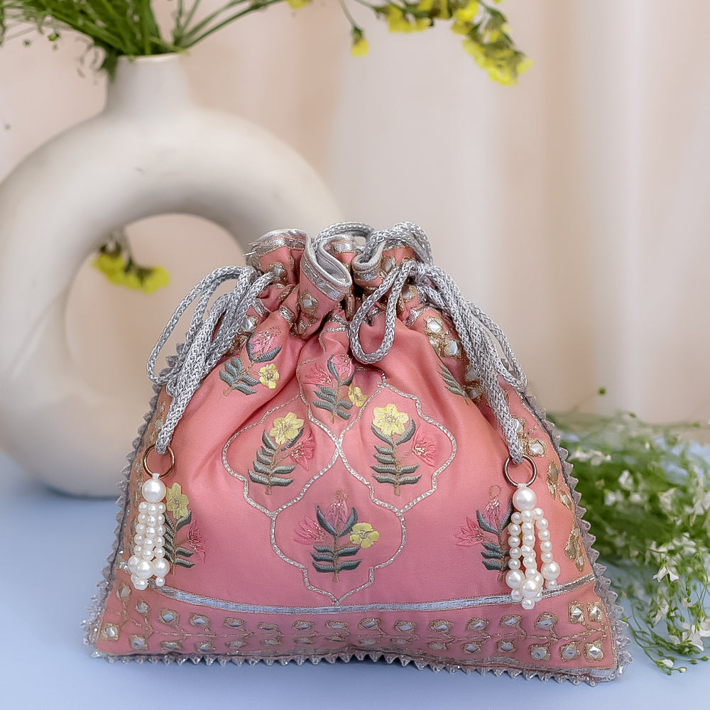 Pink Raw Silk Embroidered Potli Bag