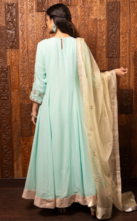 Turquoise Embroidered Silk Georgette Kalidar Set