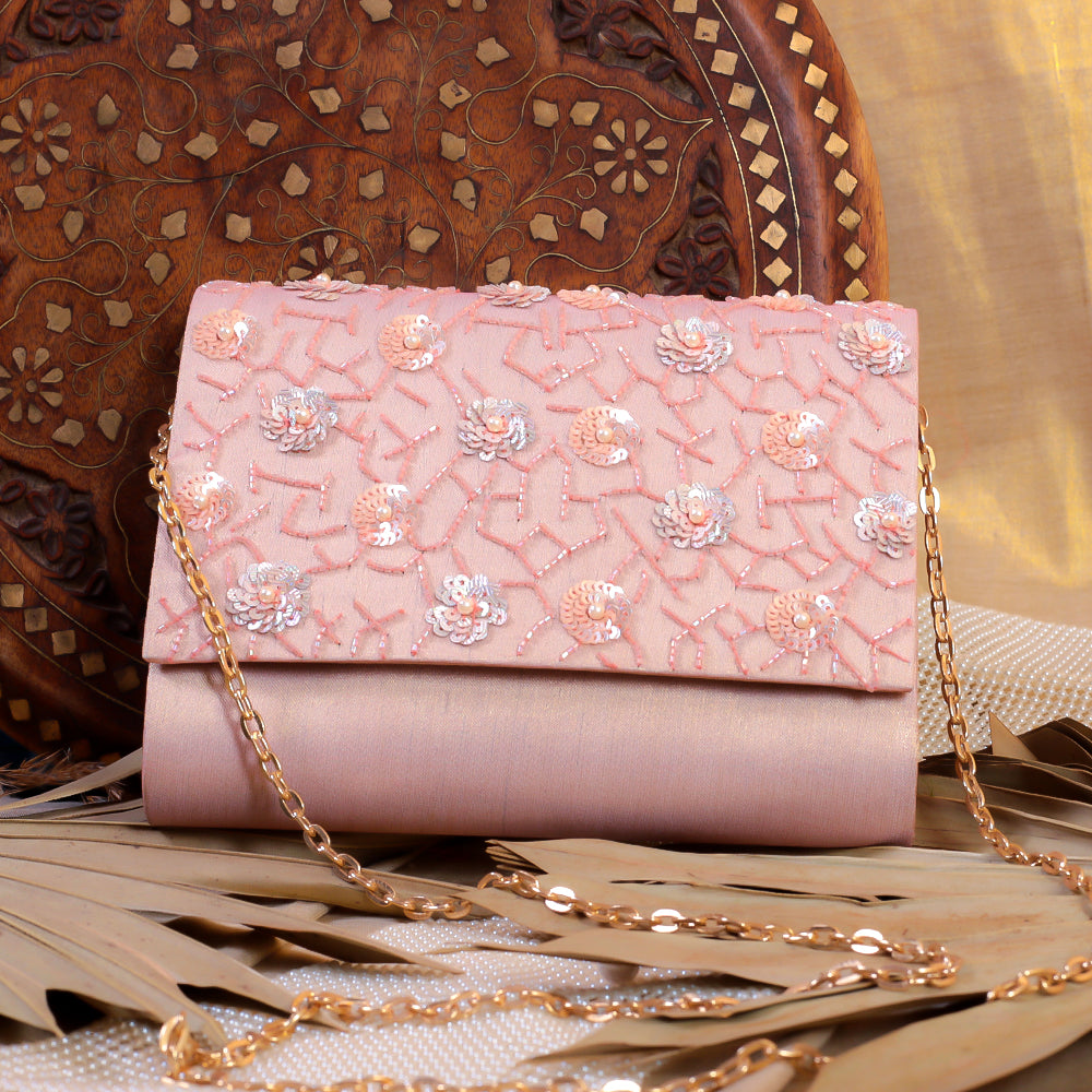 Pink Silk Tissue Hand Embroidery Clutch