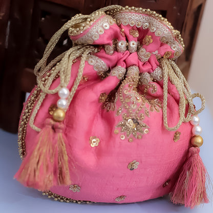 Pink Raw Silk Embroidered Potli Bag