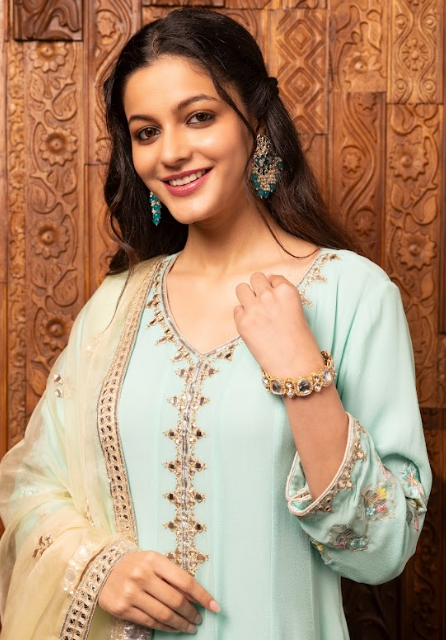 Turquoise Embroidered Silk Georgette Kalidar Set