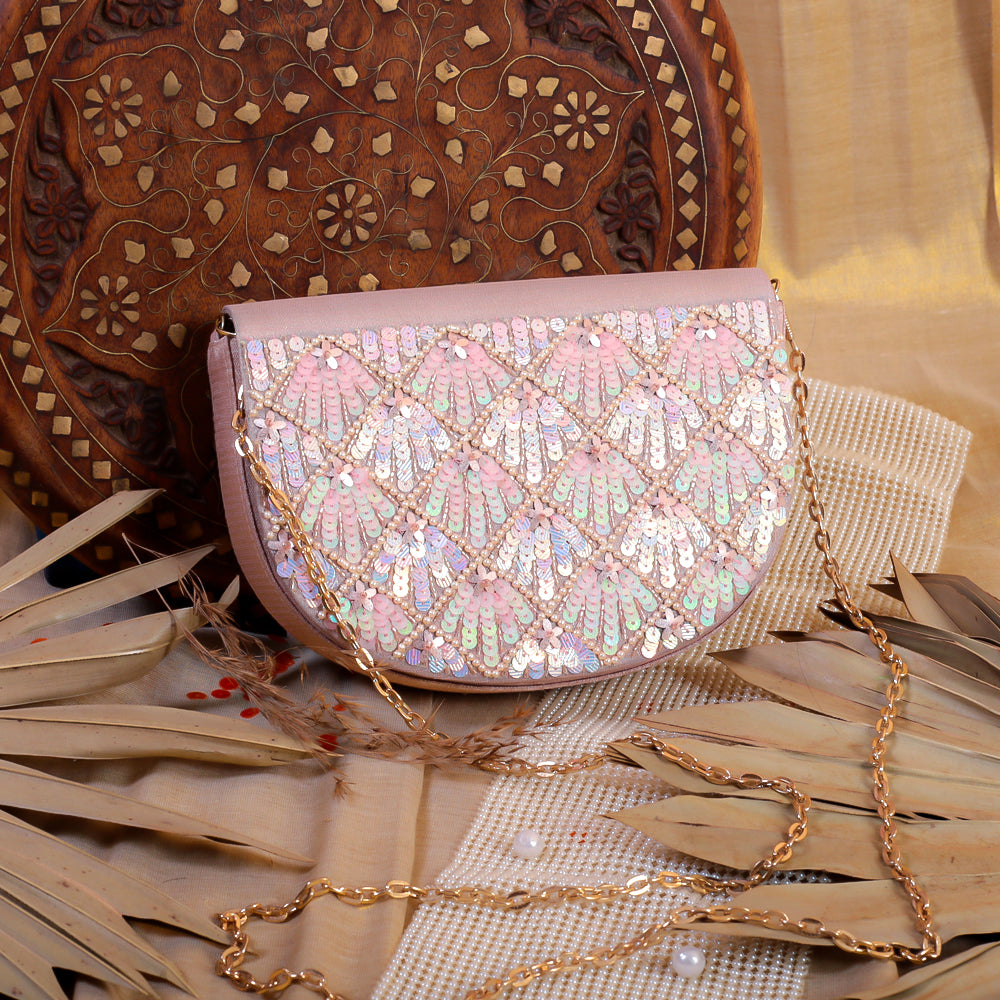 Pink Silk Tissue Hand Embroidery Clutch