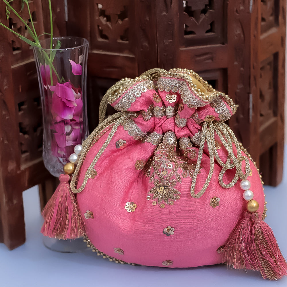 Pink Raw Silk Embroidered Potli Bag