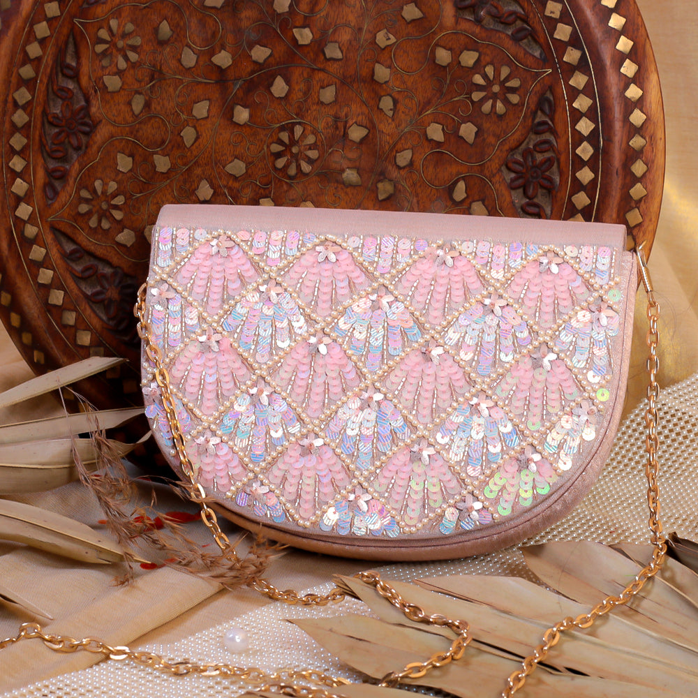 Pink Silk Tissue Hand Embroidery Clutch