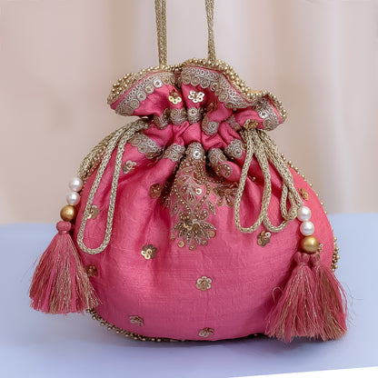 Pink Raw Silk Embroidered Potli Bag