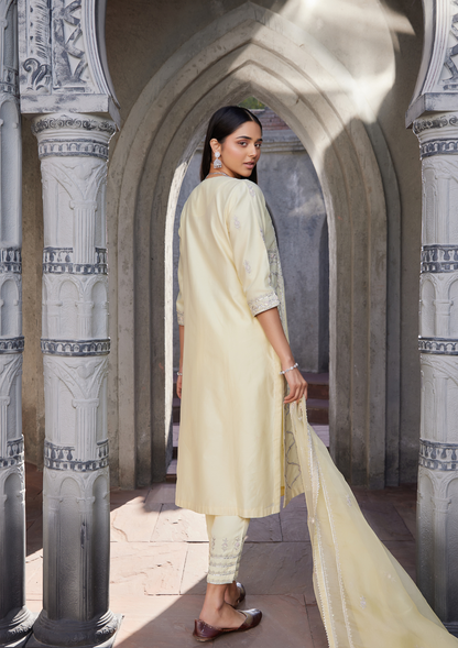 Yellow Embroidered Chanderi Kurta Set