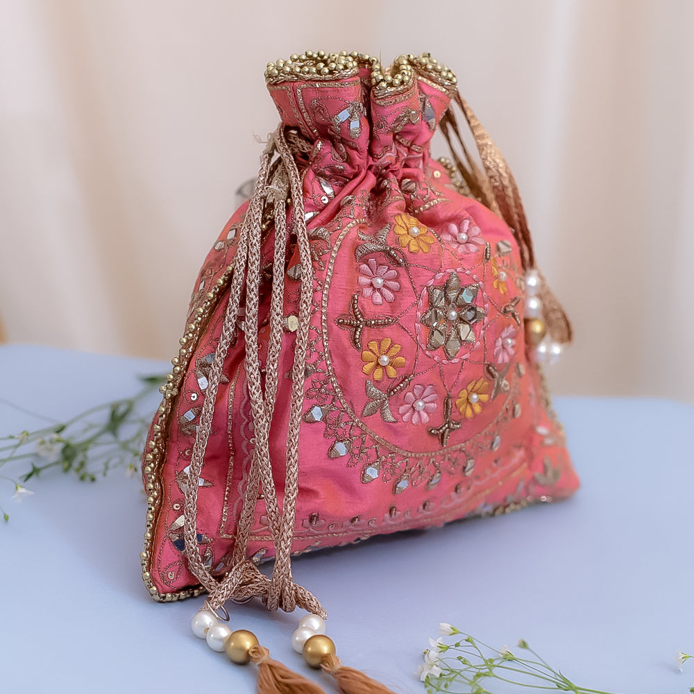 Pink Raw Silk Embroidered Potli Bag