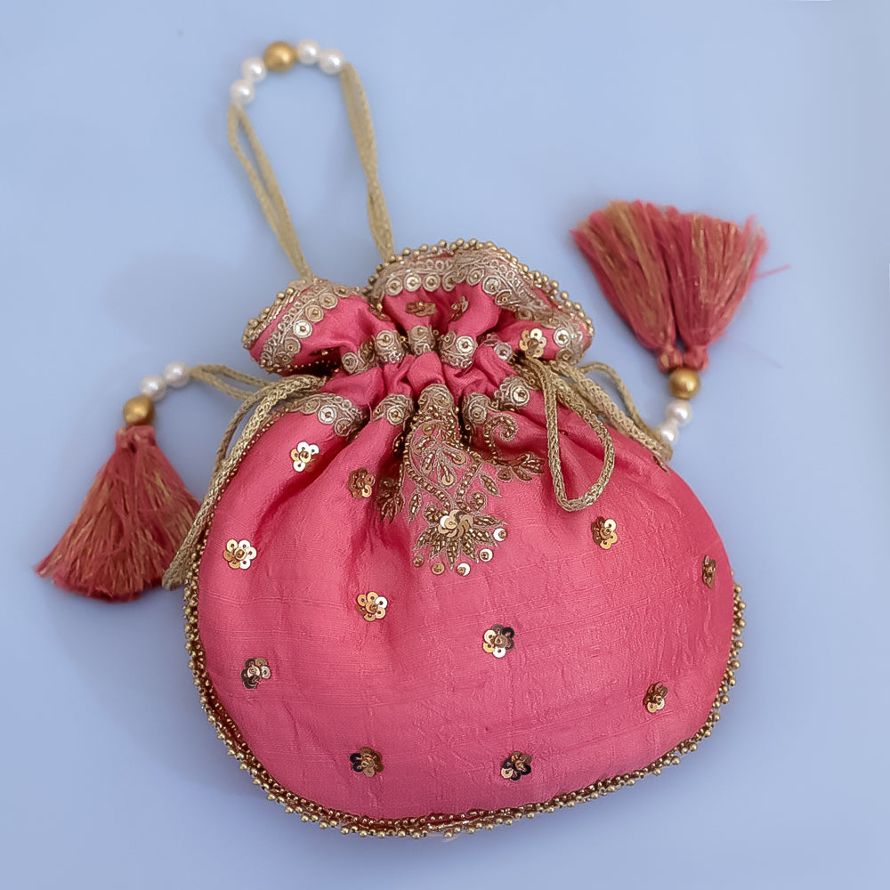 Pink Raw Silk Embroidered Potli Bag