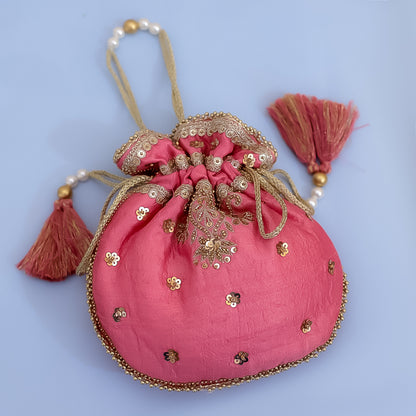 Pink Raw Silk Embroidered Potli Bag