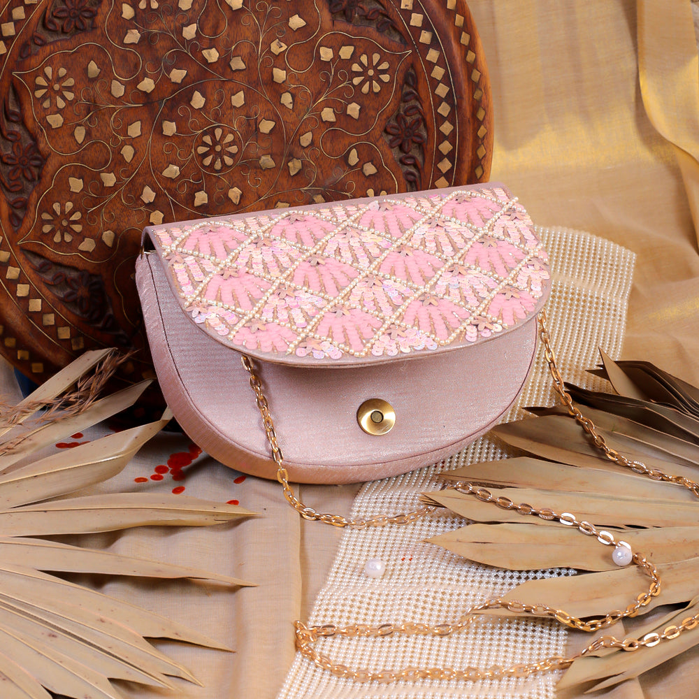 Pink Silk Tissue Hand Embroidery Clutch