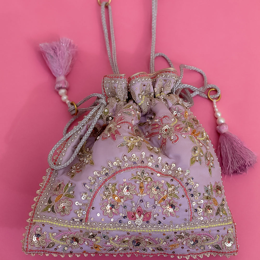 Mauve Raw Silk Embroidered Potli Bag