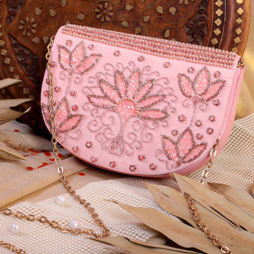 Pink Raw Silk Hand Embroidery Clutch