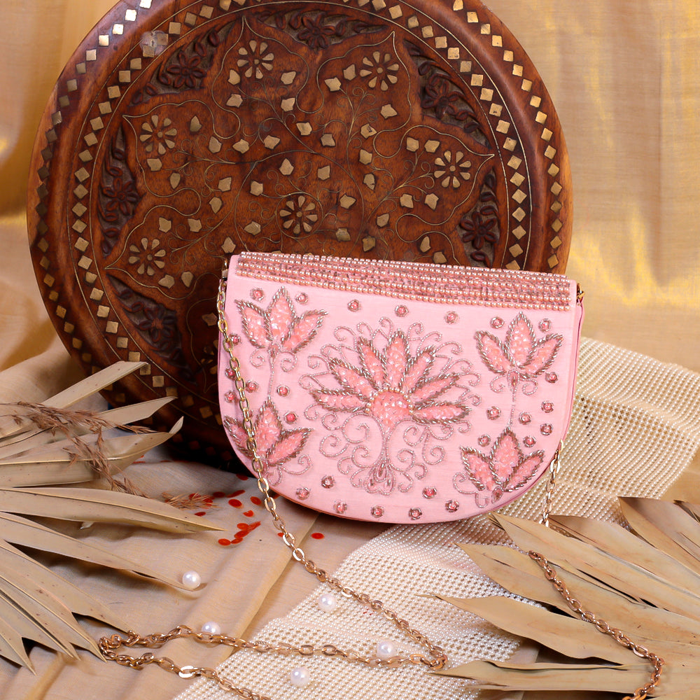 Pink Raw Silk Hand Embroidery Clutch