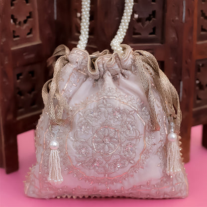 Peach Raw Silk Embroidered Potli Bag