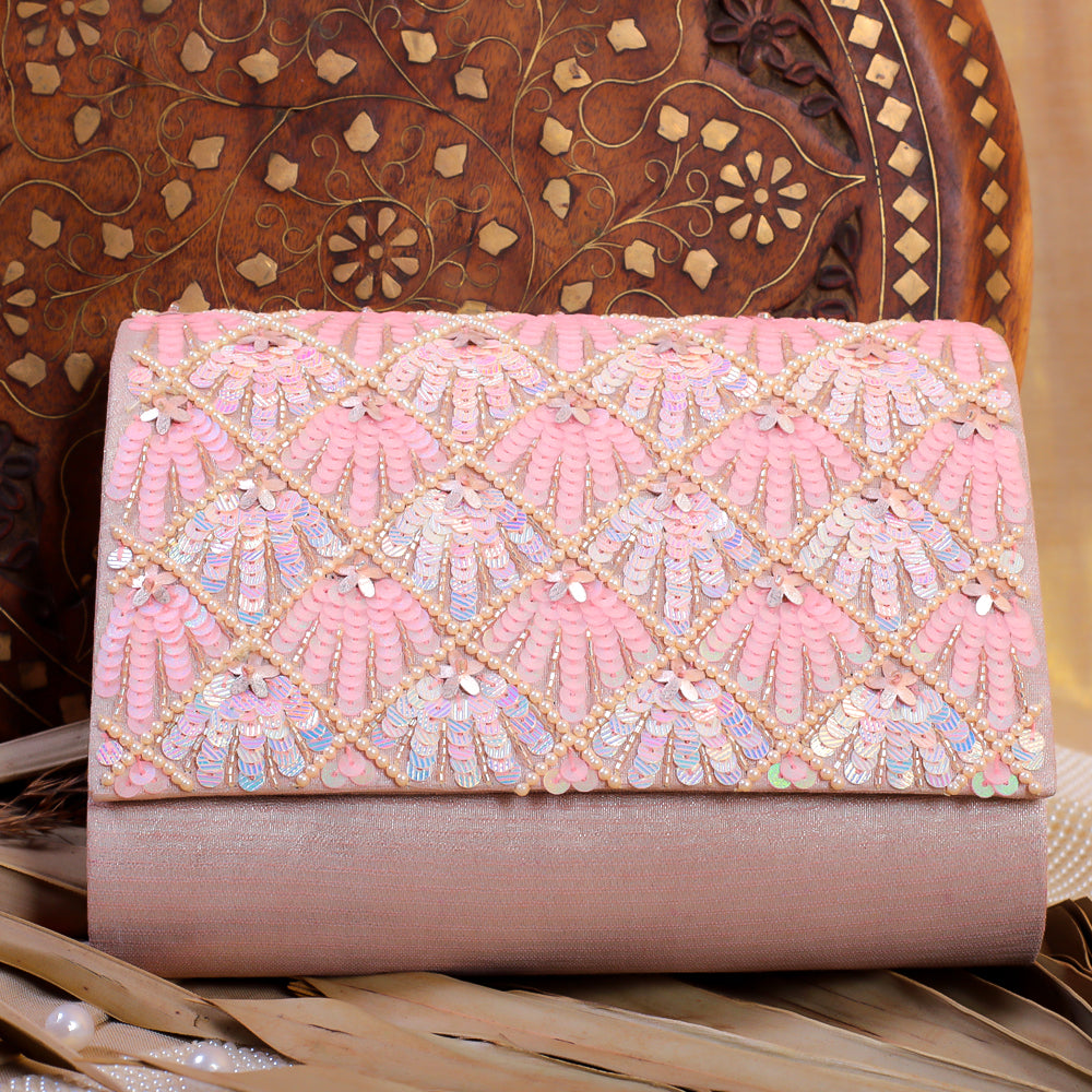 Pink Silk Tissue Hand Embroidery Clutch