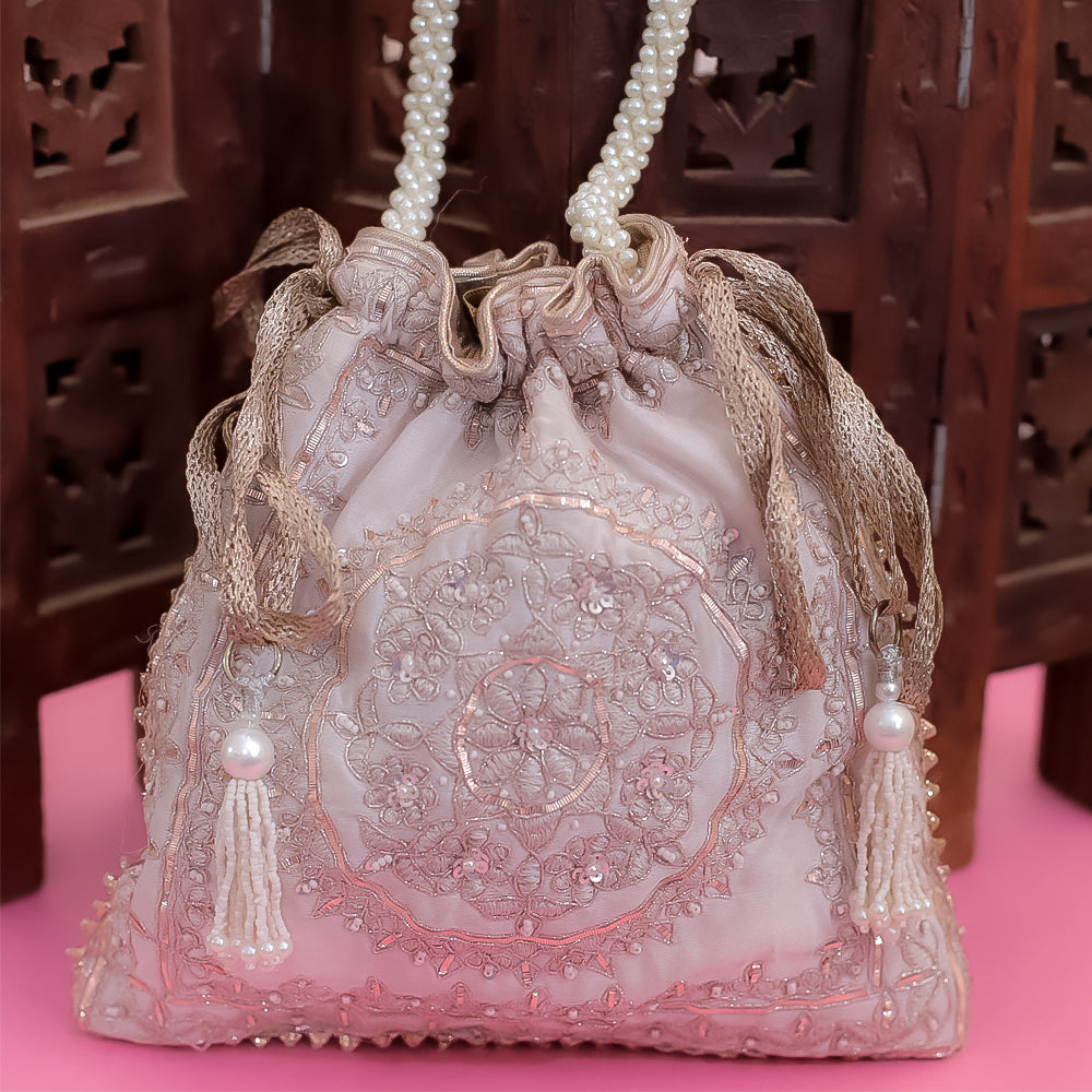 Peach Raw Silk Embroidered Potli Bag