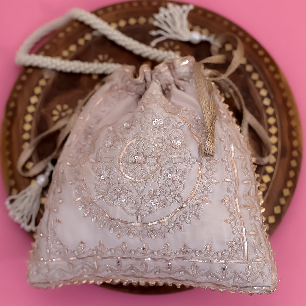 Peach Raw Silk Embroidered Potli Bag