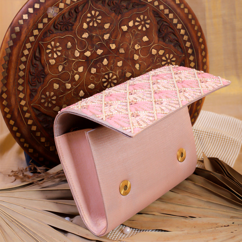 Pink Silk Tissue Hand Embroidery Clutch