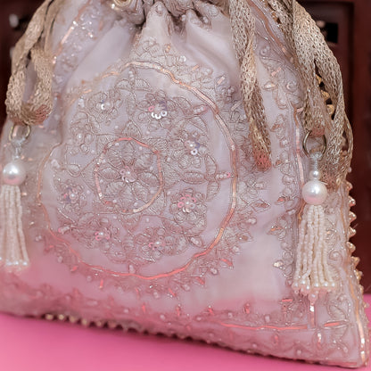 Peach Raw Silk Embroidered Potli Bag