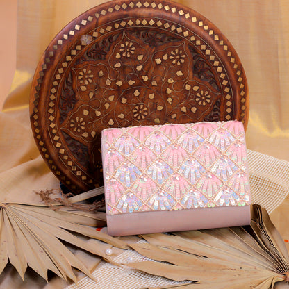 Pink Silk Tissue Hand Embroidery Clutch