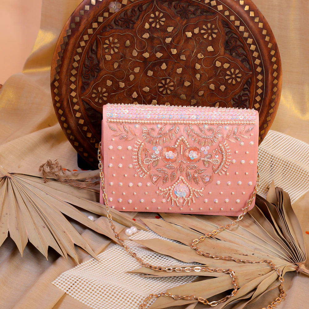 Pink Silk Tissue Hand Embroidery Clutch