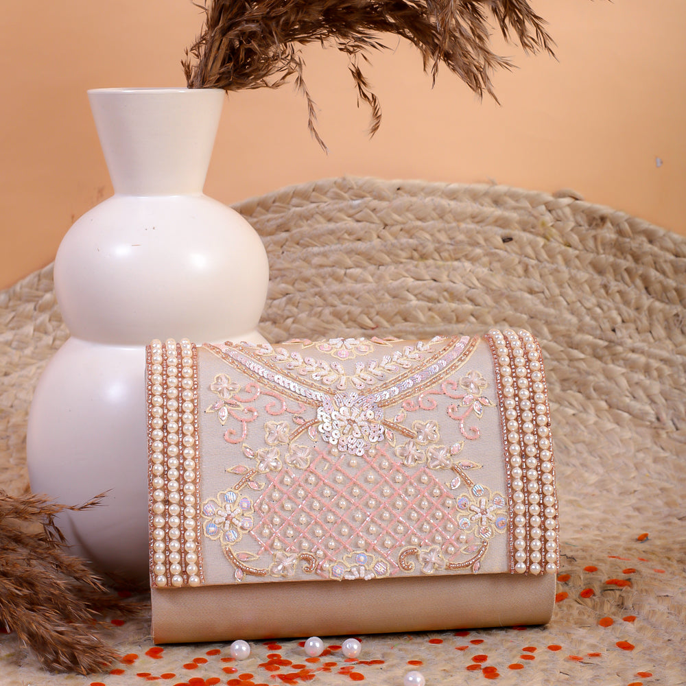 Peach Silk Tissue Hand Embroidery Clutch