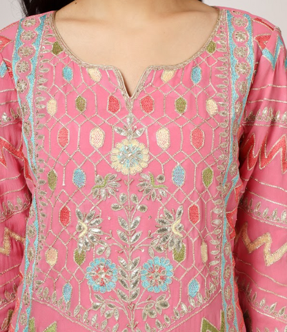 Pink Embroidered Georgette Kurta Set