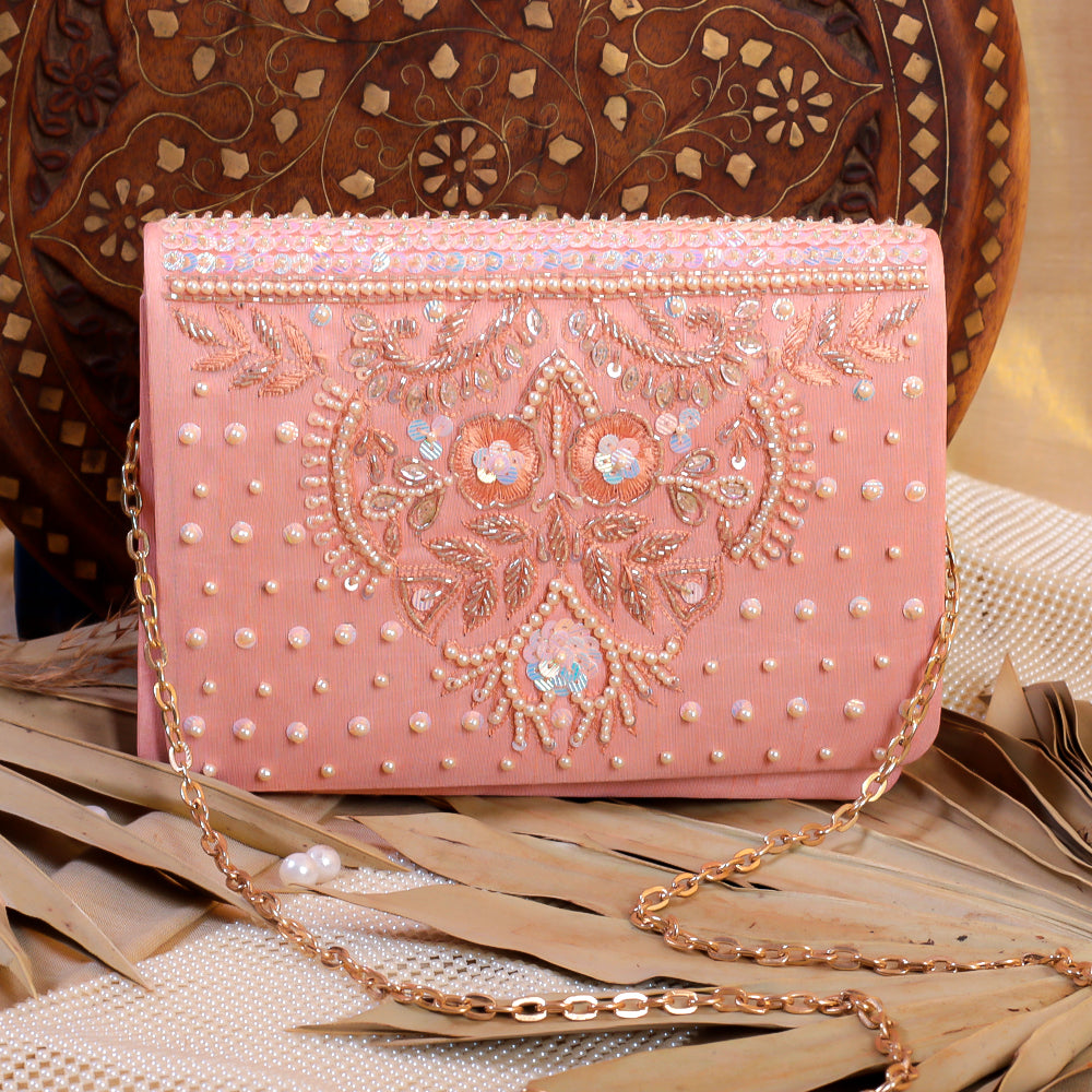 Pink Silk Tissue Hand Embroidery Clutch