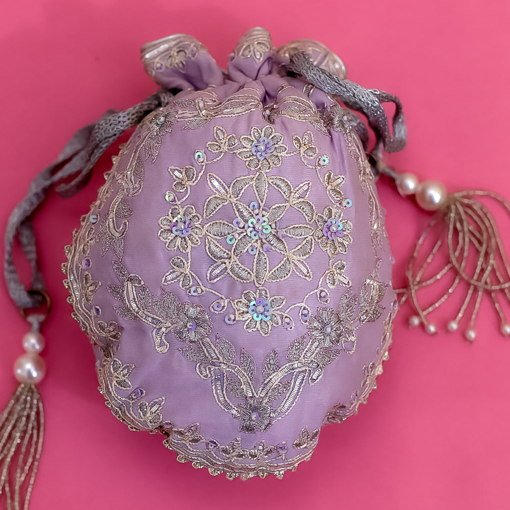 Mauve Raw Silk Embroidered Potli Bag