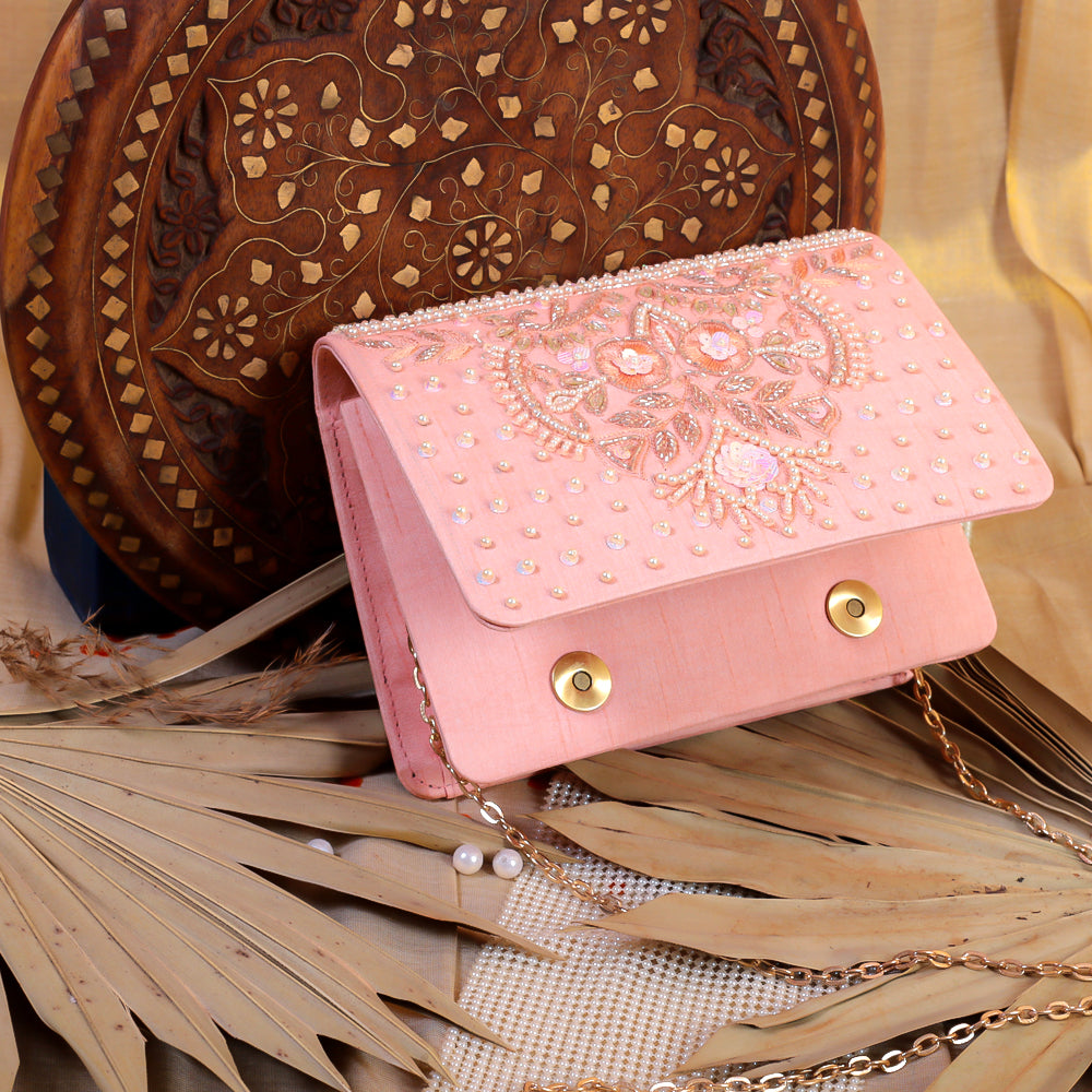 Pink Silk Tissue Hand Embroidery Clutch