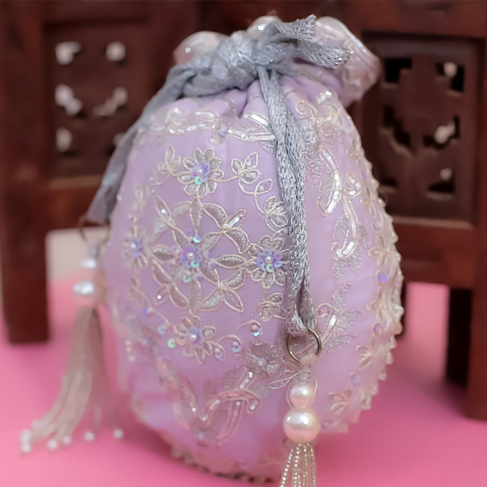 Mauve Raw Silk Embroidered Potli Bag