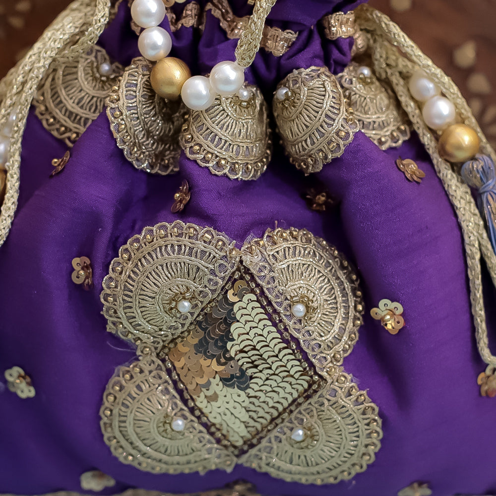 Purple Raw Silk Embroidered Potli Bag