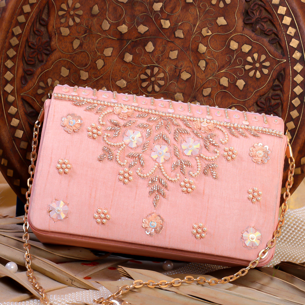 Pink Raw Silk Hand Embroidery Clutch