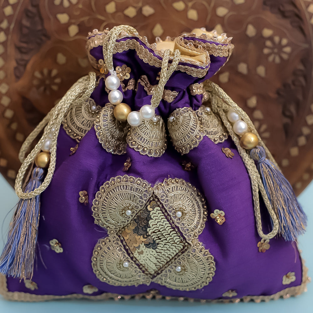 Purple Raw Silk Embroidered Potli Bag